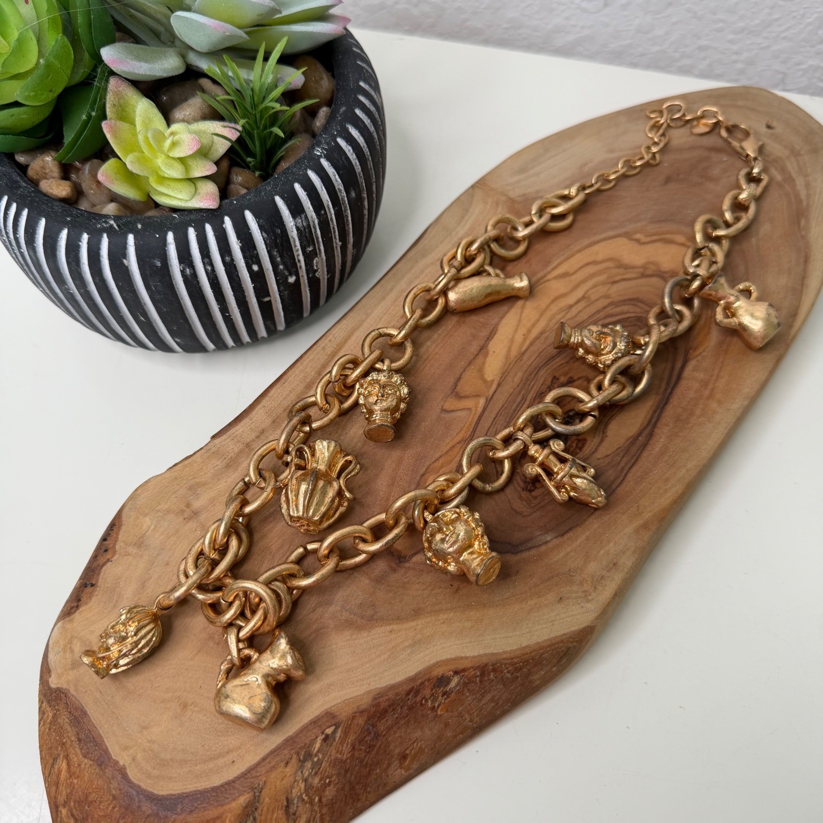 Zara Charm Necklace Womens Gold Greco Roman Bust Vase Chunky Chain Dark Academia