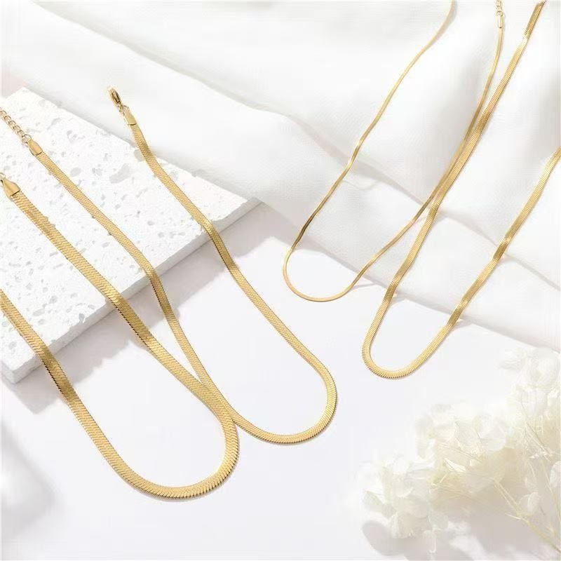 14K Gold Titanium Steel Snake Chain Necklace Flat Herringbone Choker Necklace
