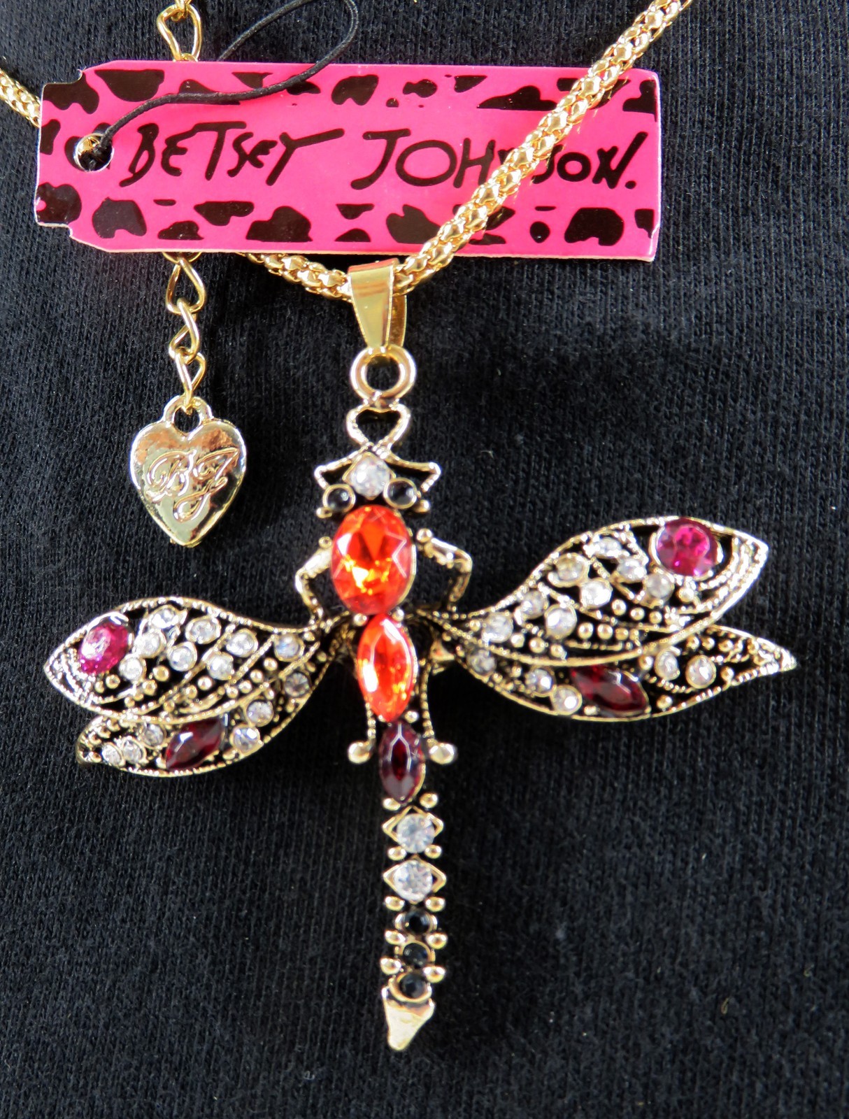 NWT-Betsey Johnson Red & Clear Crystal Dragonfly Pendant on Goldtone Necklace