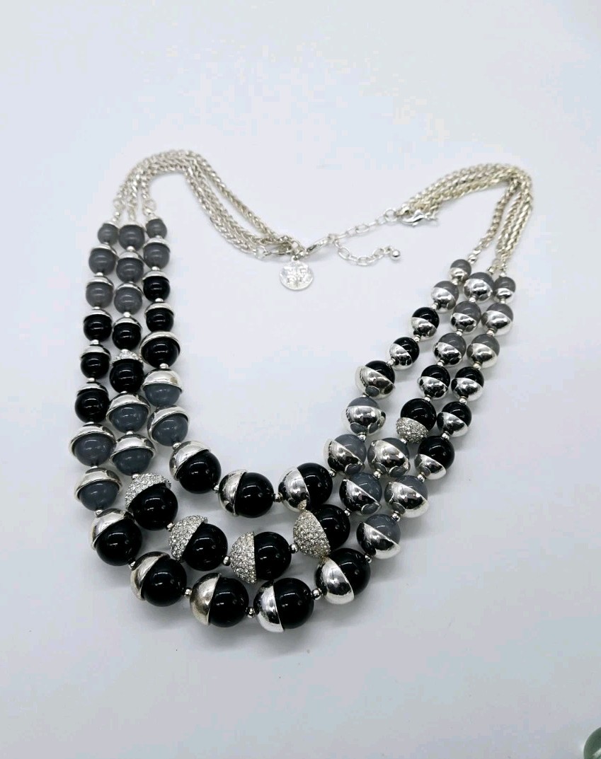 White House Black Market WHBM Necklace Layered Silver Grey Black Graduated Ball