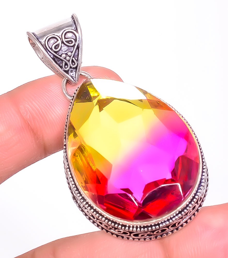 Fine Art – Bi Color Tourmaline 925 Silver Plated Bali Pendant 2.07″ M14