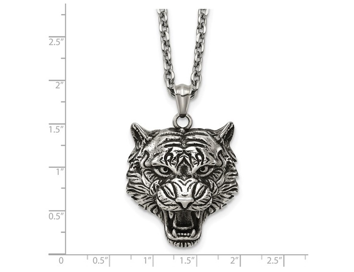 Stainless Steel Tigers Head Pendant Necklace with Chain (24 Inches)