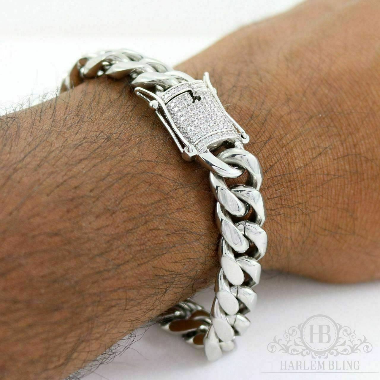 Cuban Miami Silver Bracelet & Chain Set Stainless Steel 925 Simulated Diamond