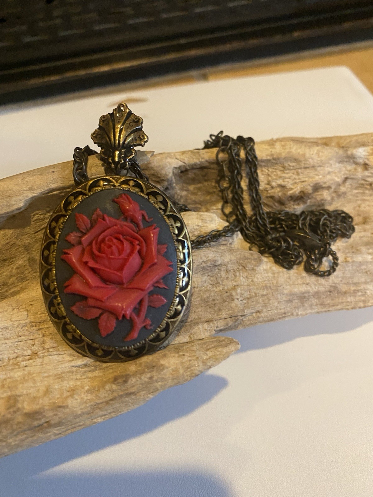 Sweet Romance USA Red Rose Double Strand Statement Necklace Antique Gold