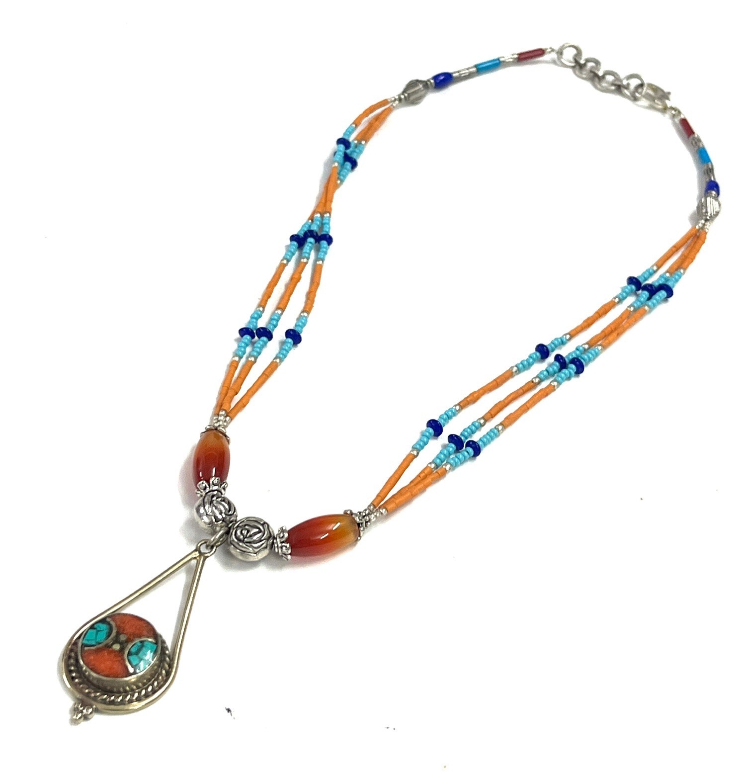 Nepalese Coral Carnelian Gemstone Tibetan Boho Necklace Jewelry, 17 inch Adjus