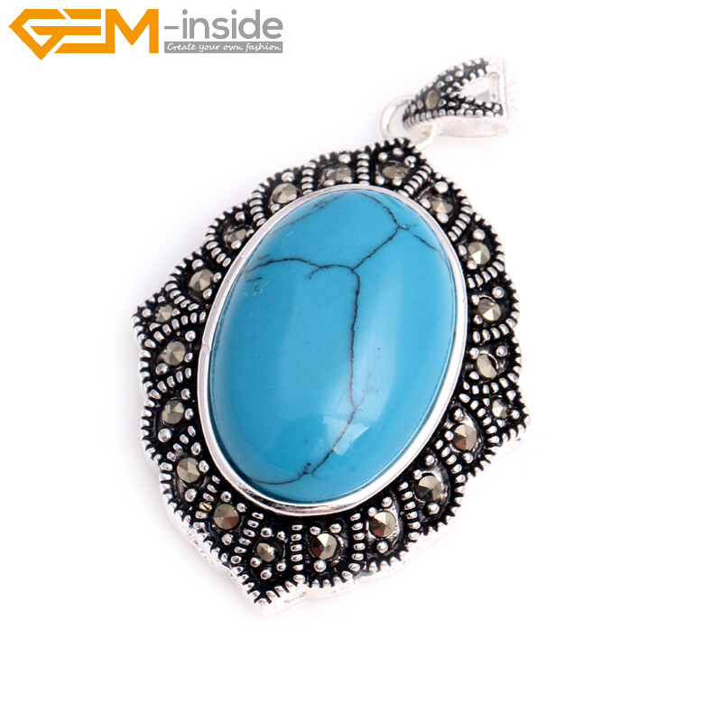 Silver Marcasite Tibetan Oval Turquoise Cat Eye Beads Jewelry Pendant Necklace