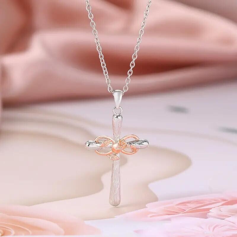 Fashion Cross & Rose Golden Flower Lucky 8 Word Pendant Necklace Jewelry Women