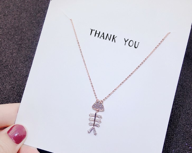 Gold Plated Cubic Zirconia Swirl Fish Bone Pendant Necklace Gift Women Girl PE32