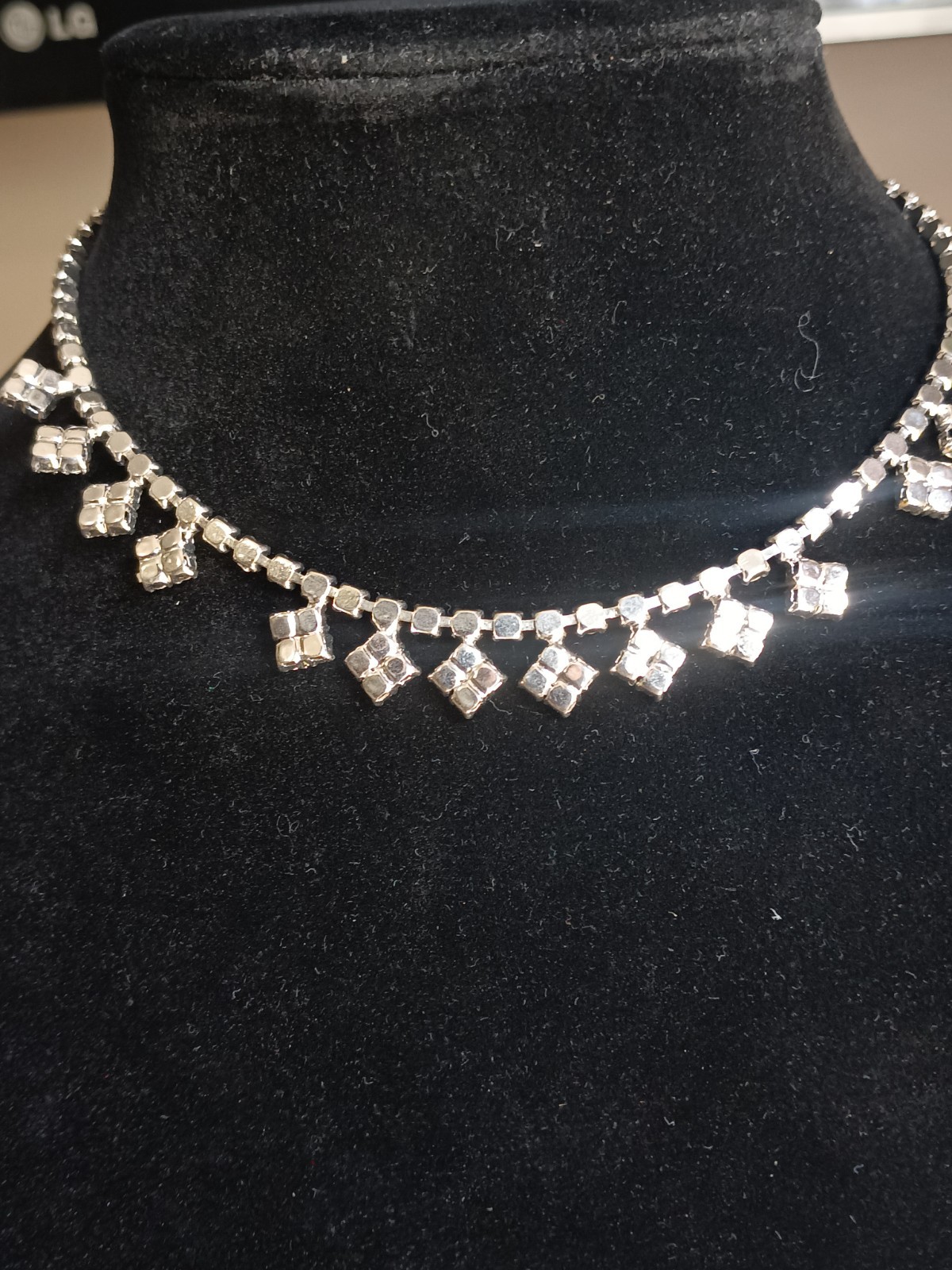 Silver Tone Clear Crystal Rhinestone Tennis Choker Necklace Square Drop Box