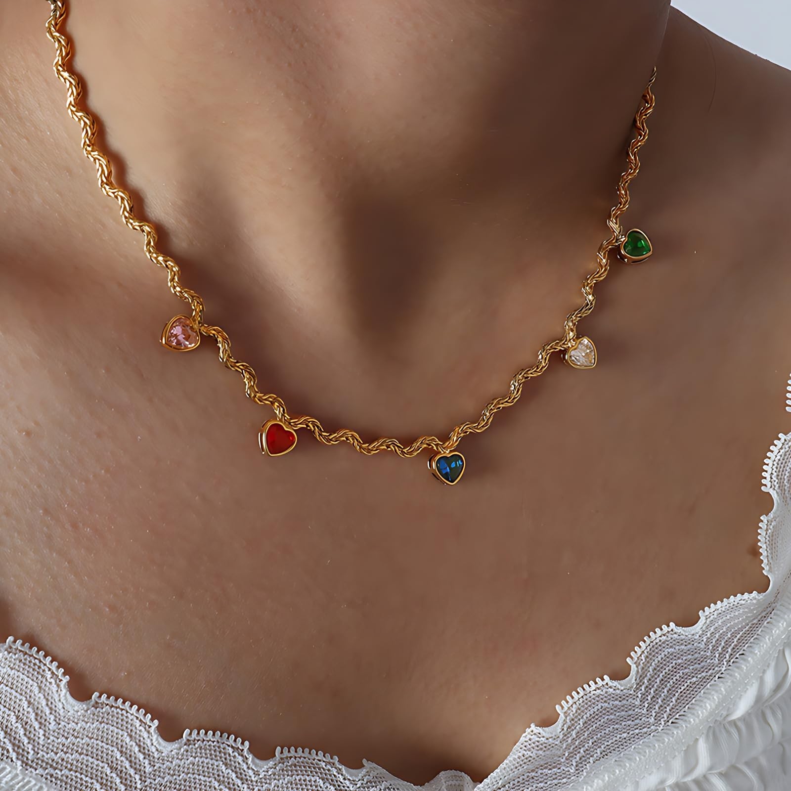 Womens Heart Shaped Gemstone Necklace for – Colorful Multi-Stone Pendant with…
