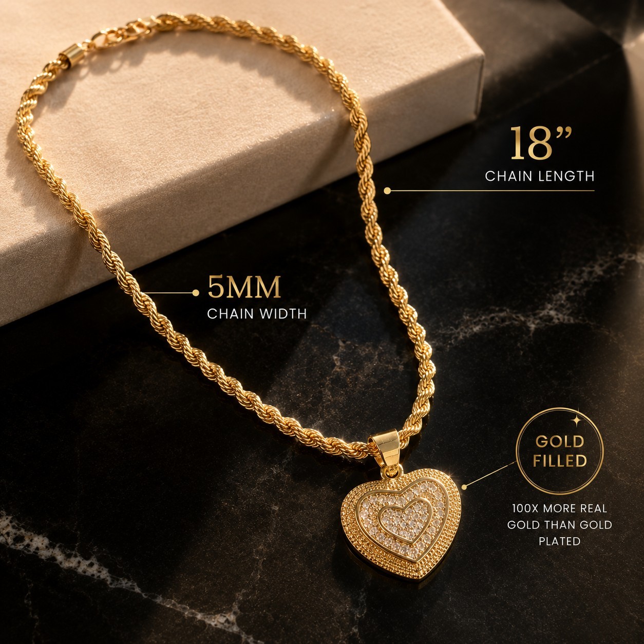 14K Heart Necklace & Pendant Gold Filled Set With Rope Chain Women’s Love Gift