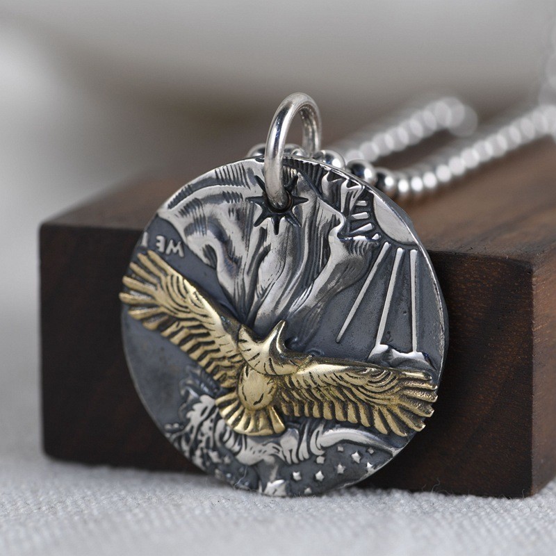 American Eagle Liberty Coin Pendant Men US Great Seal Charm 925 Sterling Silver