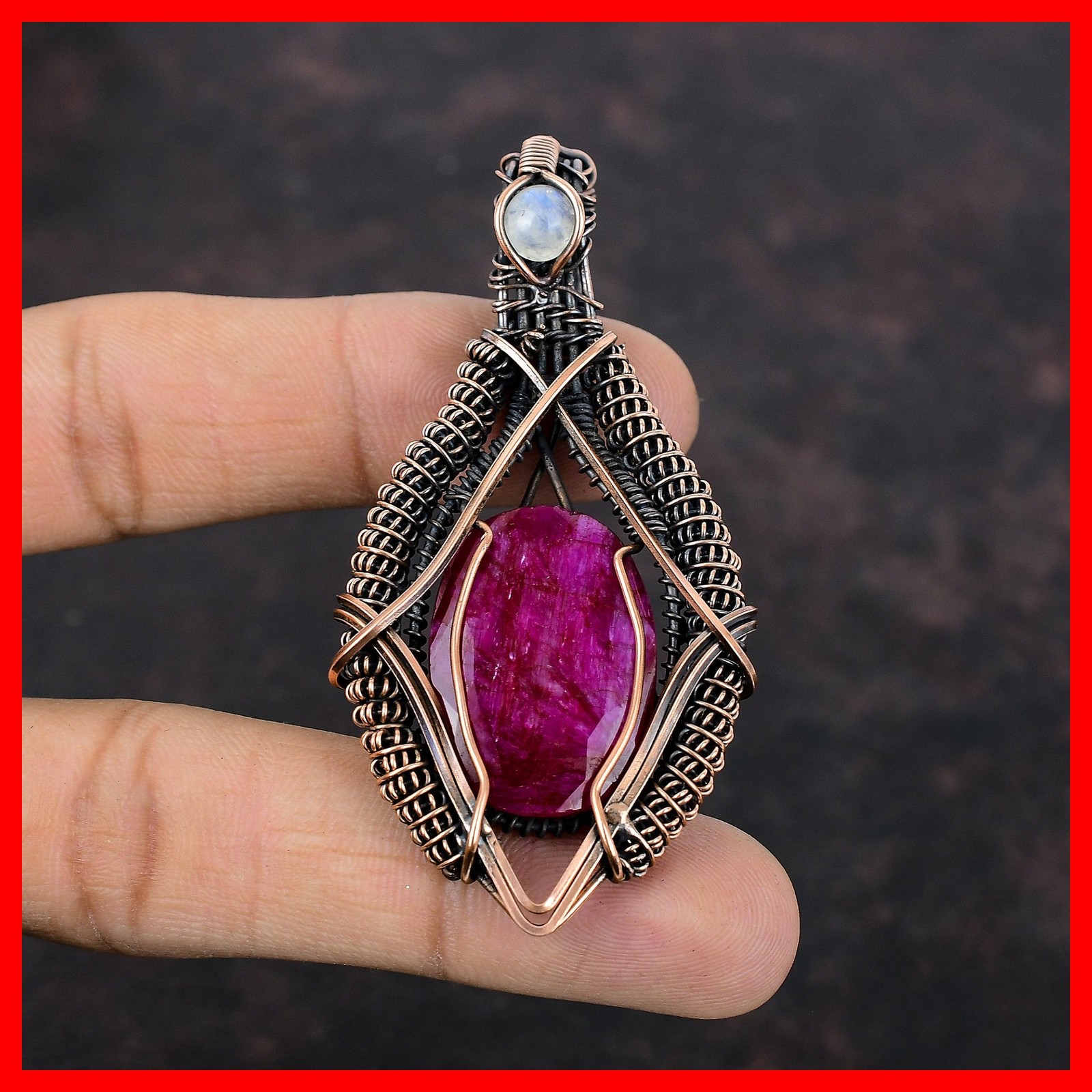 Kashmir Rubi Gemstone Rainbow Moonstone Copper Wire Wrapped Wife Pendant Jewelry
