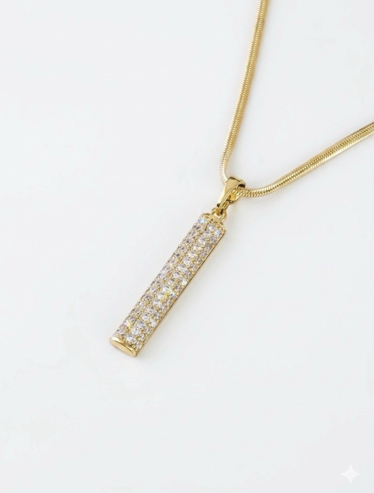 14K Gold Plated Vertical CZ Bar Pendant w/ Snake Chain Necklace | Dainty Jewelry