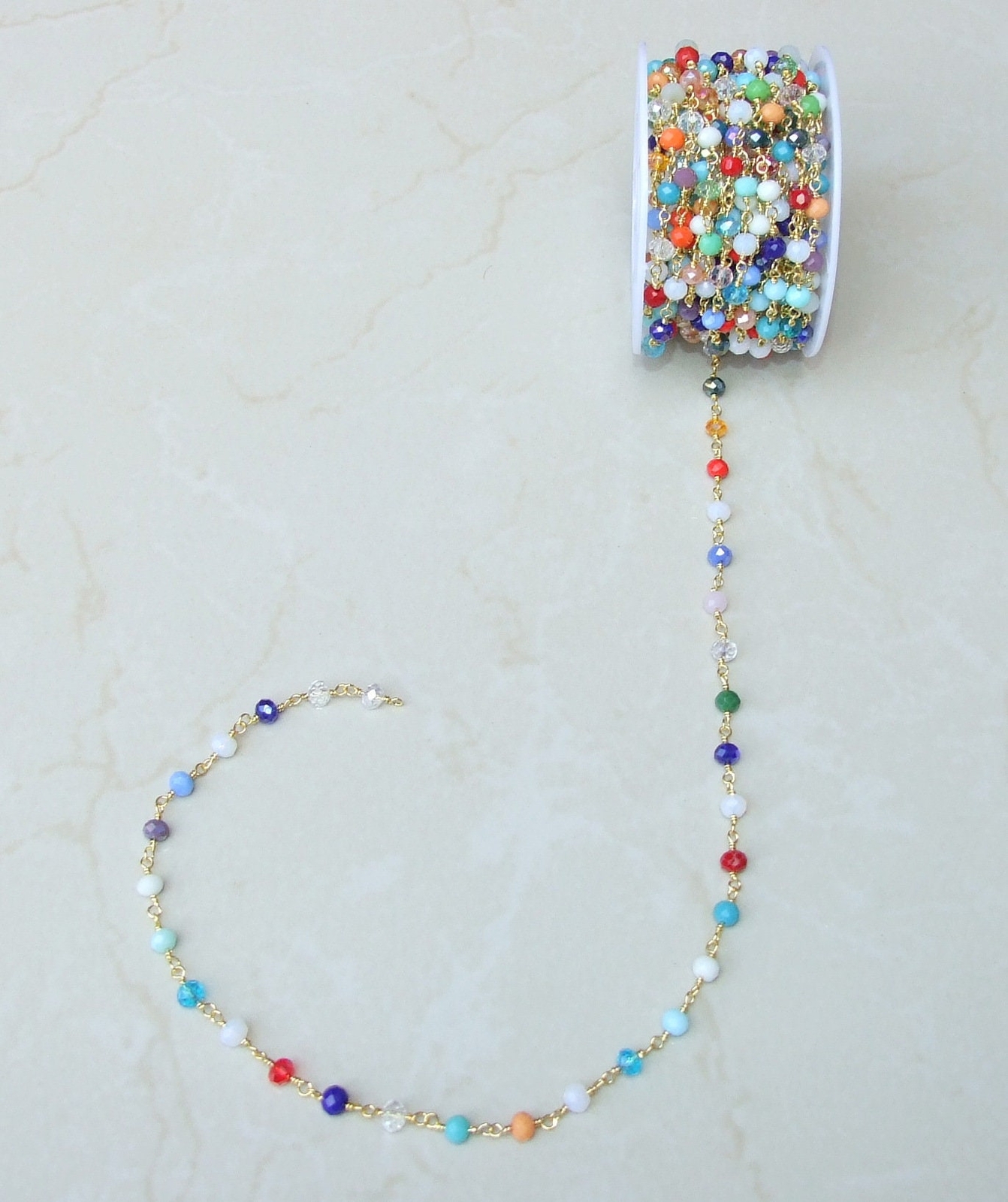 Multicolored Glass Rosary Chain, Bulk Chain, Rondelle Glass Beads, Beaded Chain