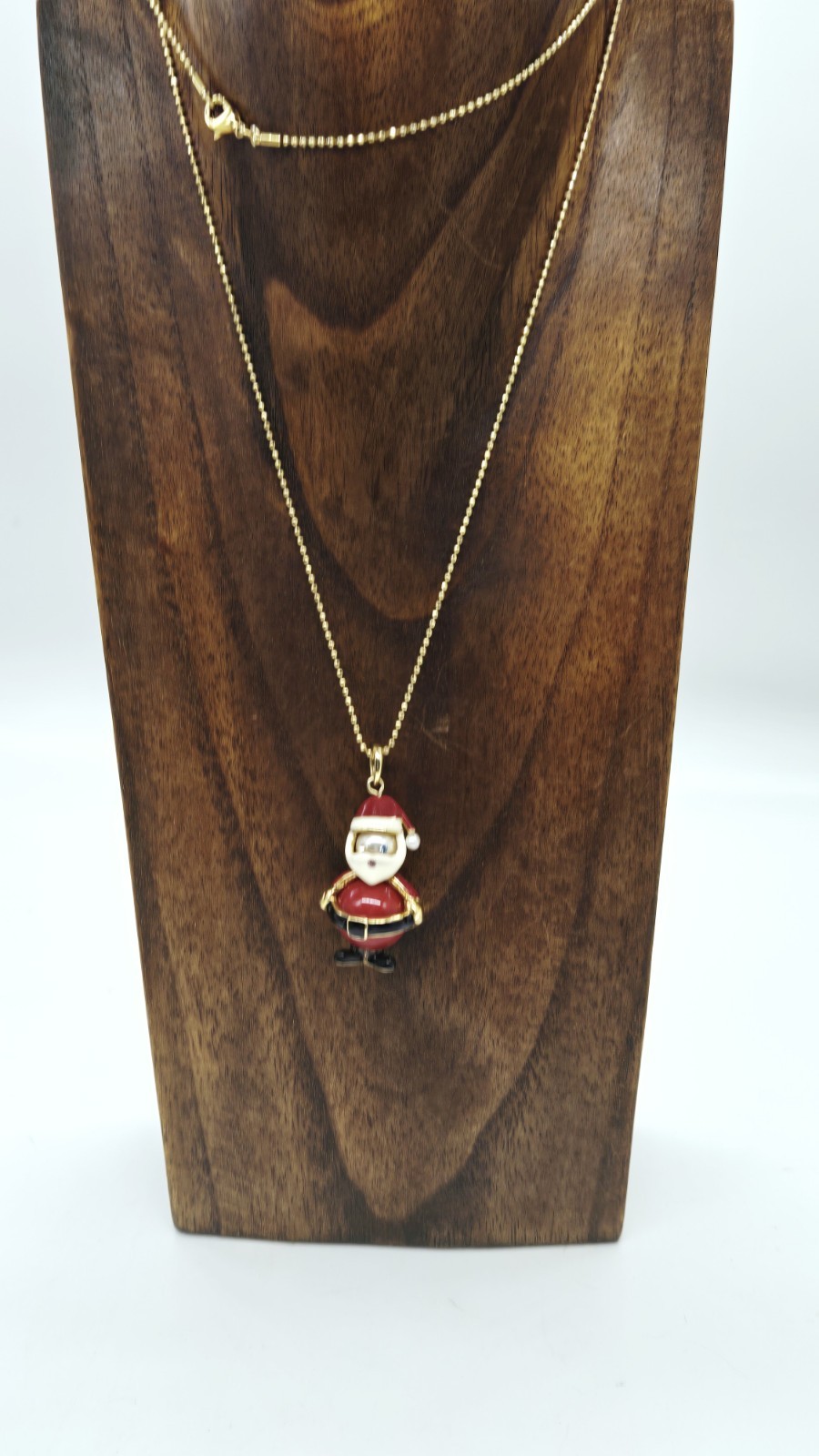 Santa Claus Pendant Necklace enamel Glass Faux Pearl Gold tone 28 in