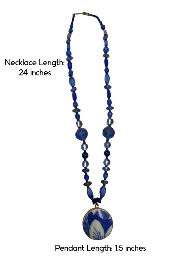 Unique Vintage Blue Porcelain Shard Necklace Handmade Chinese Pendant 24″