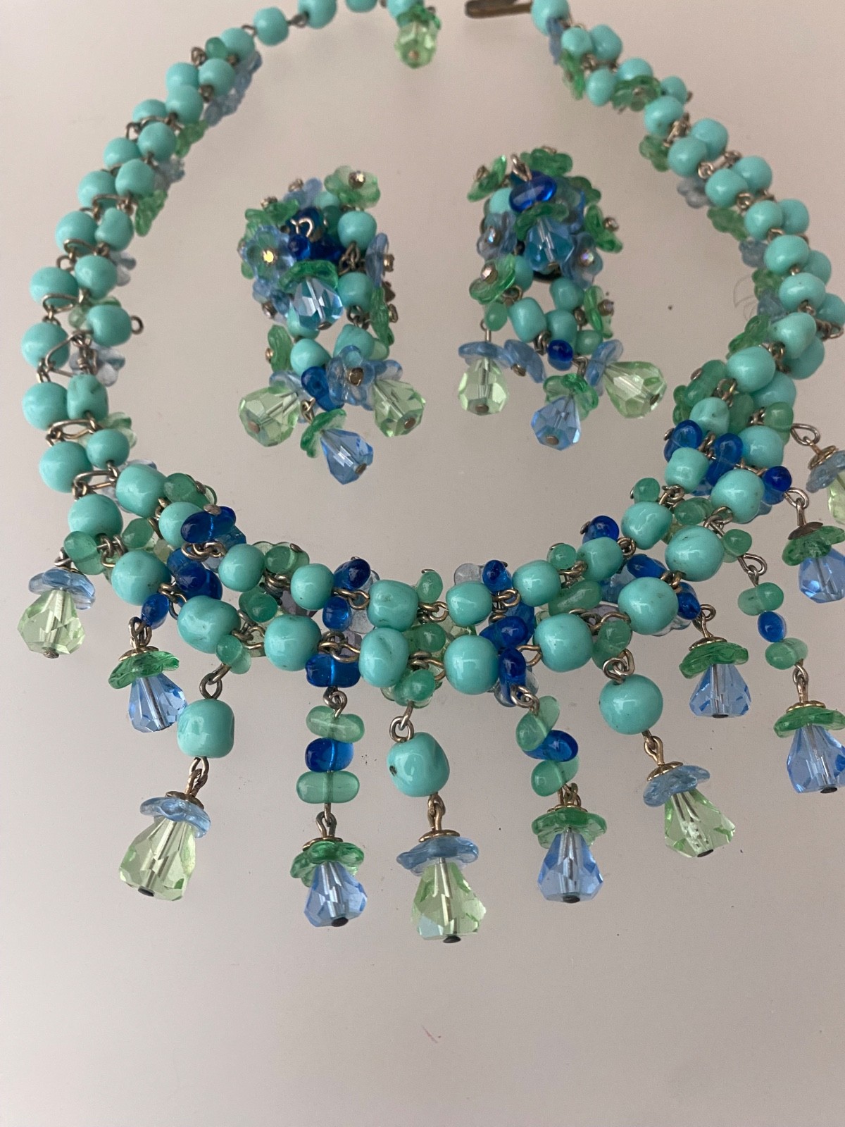 Vintage Mid Century Blue Green Glass Floral Necklace and Earrings Set Germany