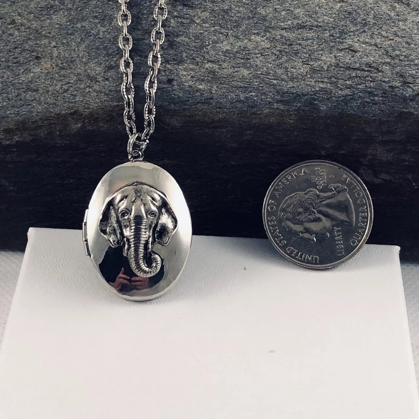 Vintage Elephant Head Locket Necklace, Silver plated Photo Pendant, Pillbox