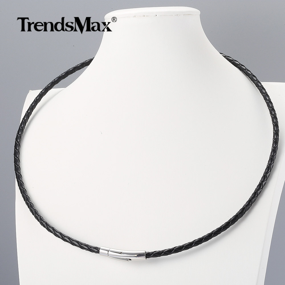 4MM 16″-30″ Black Braided Leather Rope Necklace Choker Stainless Steel Push Lock