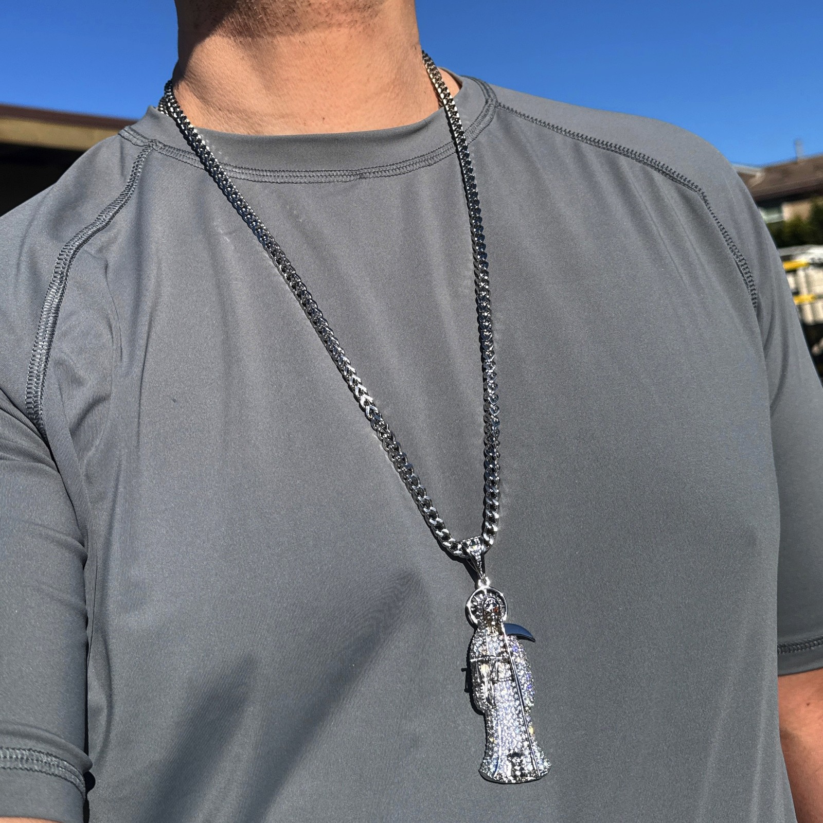 La Santa Muerte Pendant Cadena 3.5″ w/Stainless Steel Franco Chain Necklace 30″