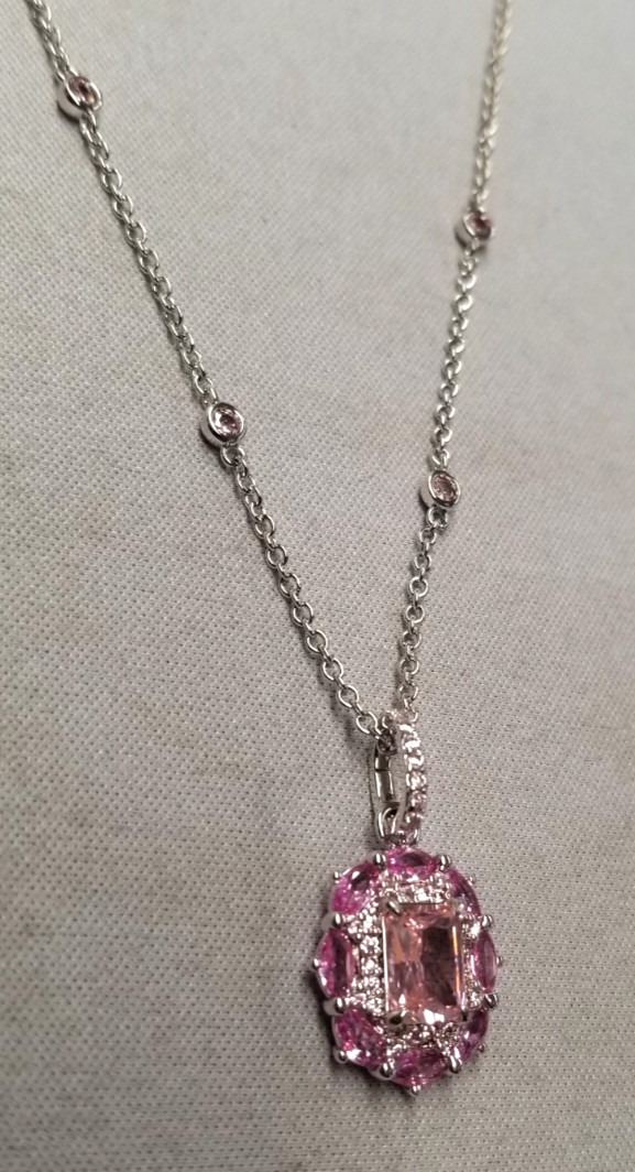 Bomb Party Pink Cubic Zirconia Halo Pendant Rhodium Plated Necklace 18″+2.5″