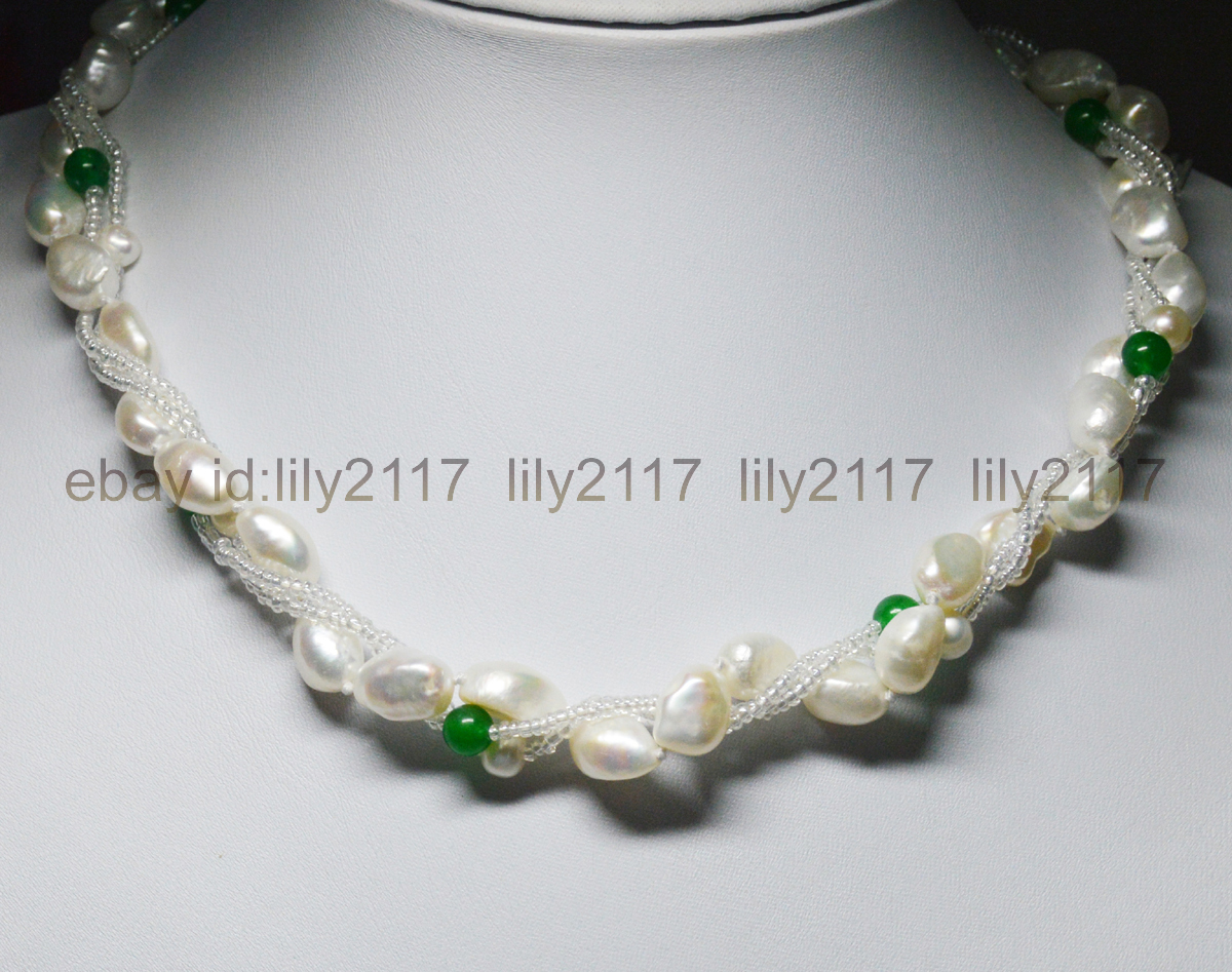 Genuine 3 Rows natural white baroque cultured pearl green jade gems necklace