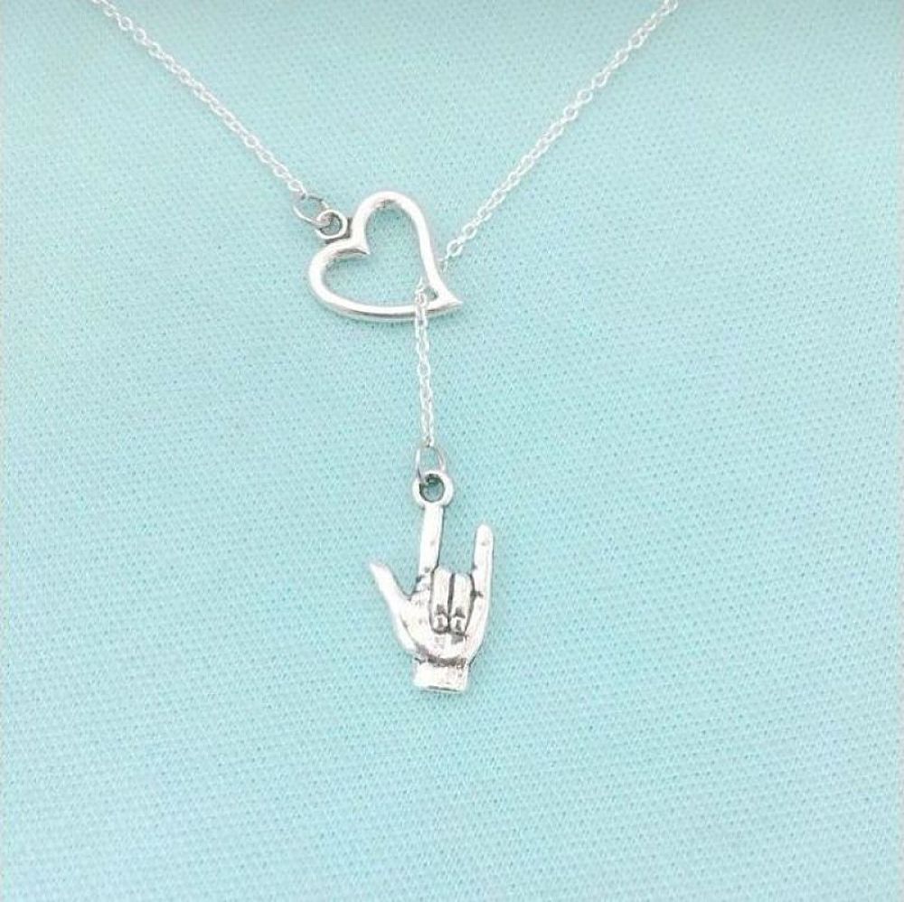 I Love You in “Sign Language” Antique Silver Lariat “Y” Necklace.