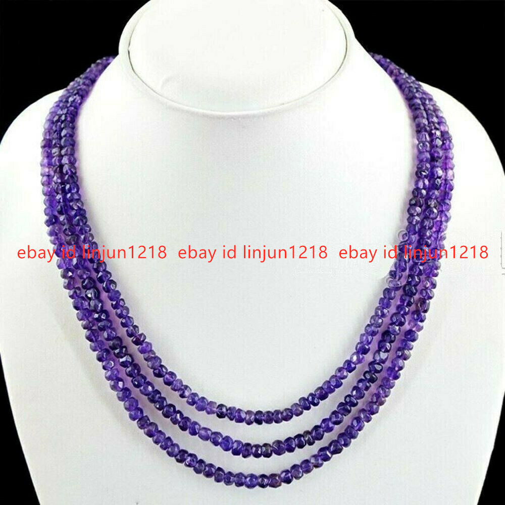 3 Rows Natural 2x4mm Faceted Brazil Amethyst Gemstone Beads Necklace 18-20” AAA