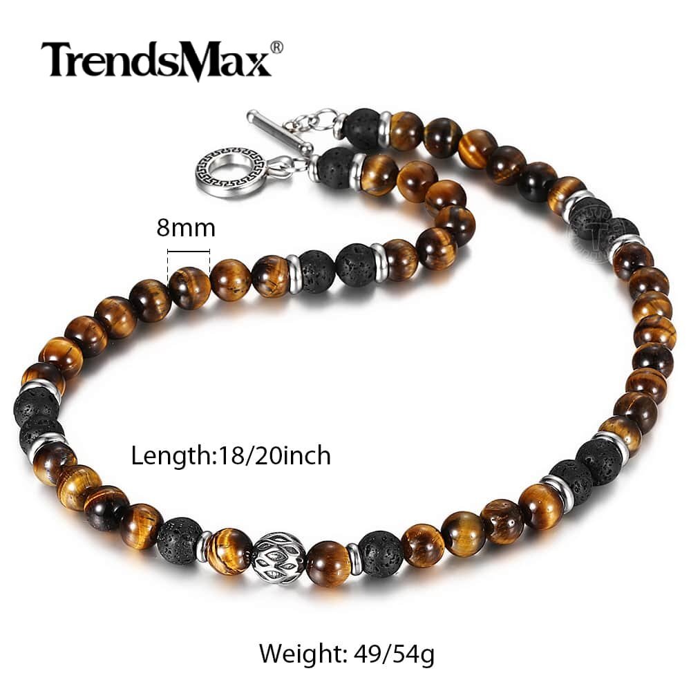 8MM 18″ Natural Yellow Tiger Eye’s Stone Lava Beaded Necklace Choker for Men Boy