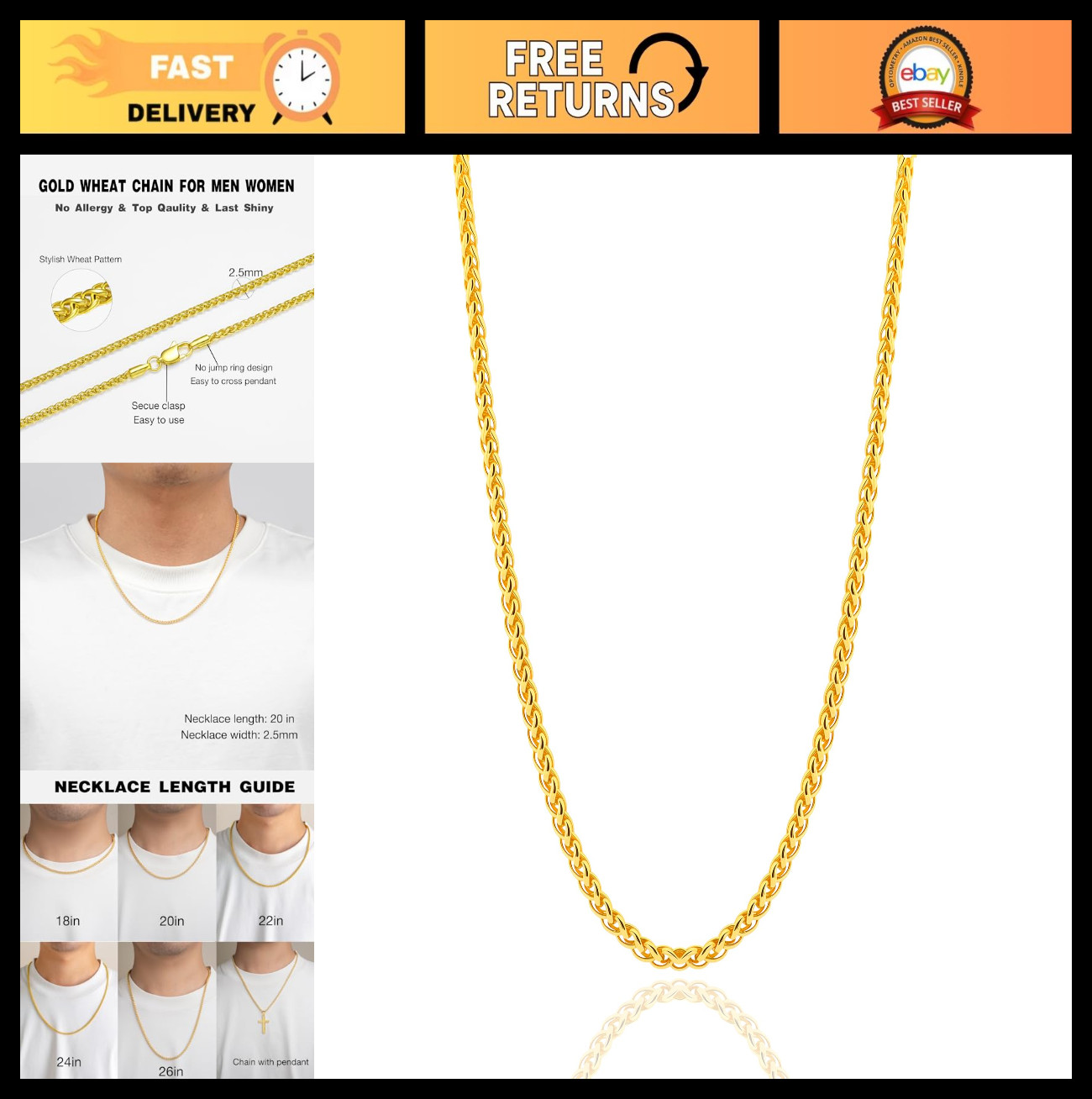 Stainless Steel Wheat Chain Necklace 2.5mm/3mm/4mm Silver Gold Jewelry for Men W