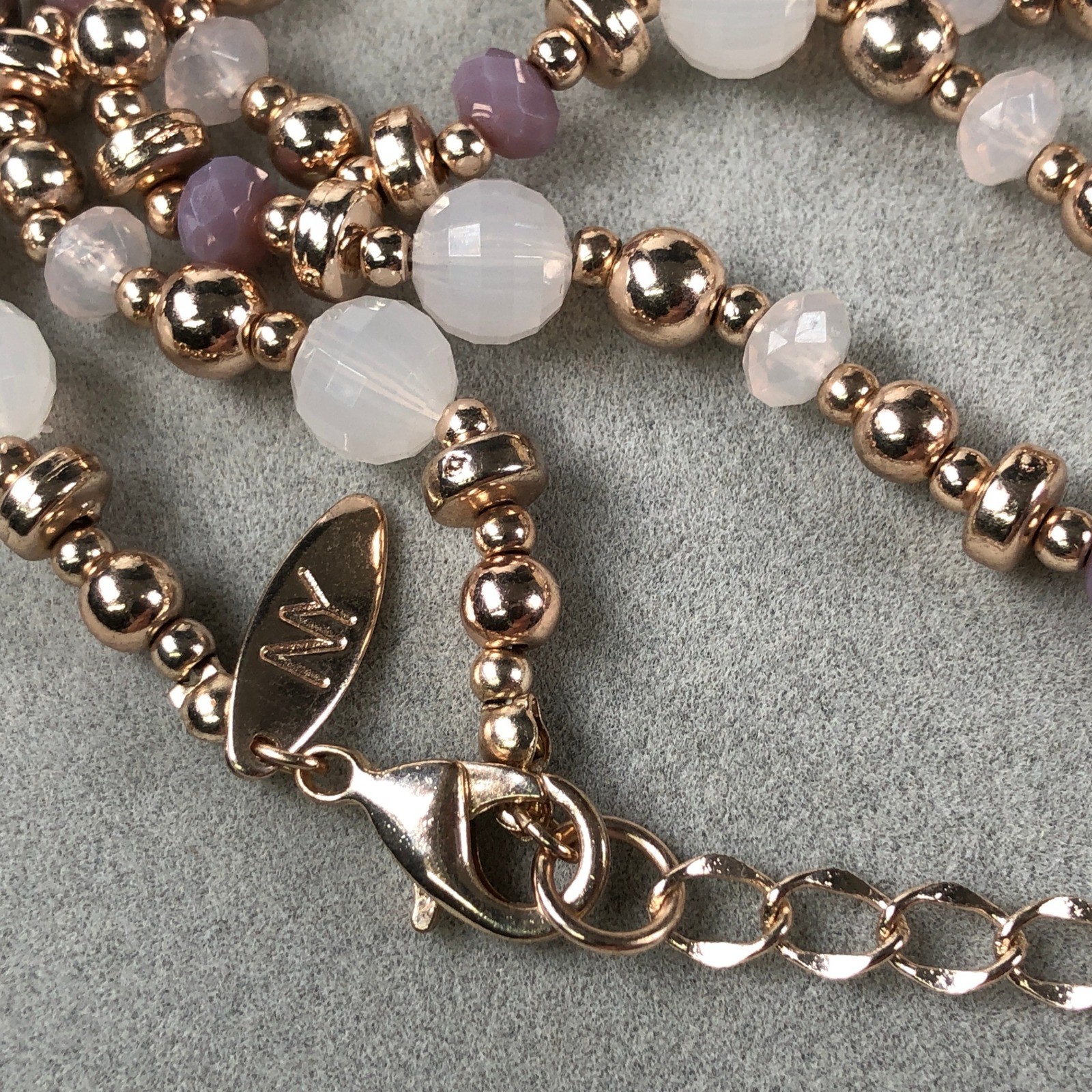 NY New York & Company Flapper Necklace Gold Tone Tassel Pink Glass Beaded Lariat