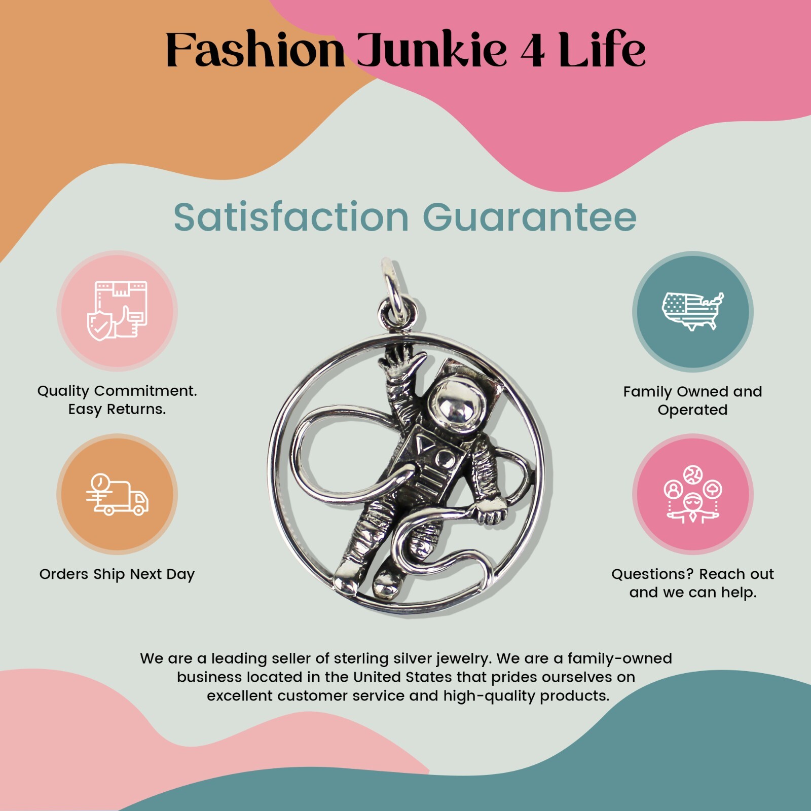 FashionJunkie4Life Sterling Silver Detailed Astronaut Pendant with 18″ Chain
