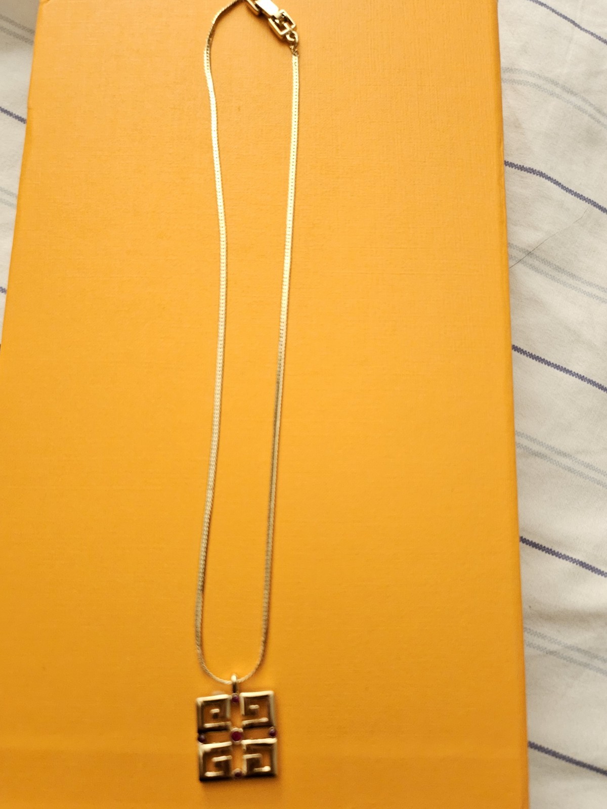 Givenchy Signed Gold Tone Herringbone Chain Square Logo Pendant Necklace