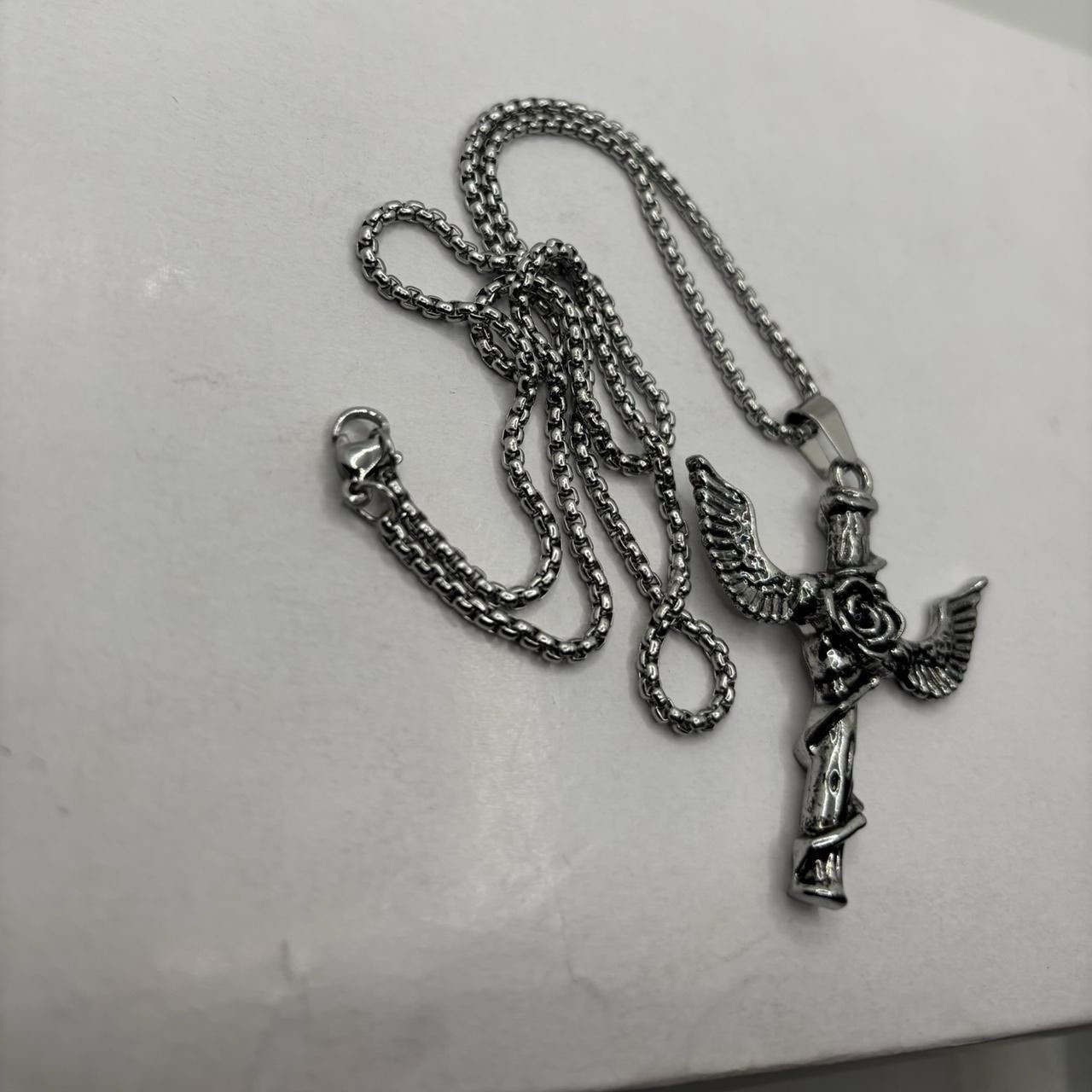 60 Cm Plated Silver Alloy Rose Wing Cross Pendant Necklace Gothic Streetwear Fit