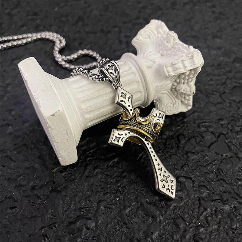 Mens Stainless Steel Cross Necklace with Gold Crown Pendant Christian Jewelry