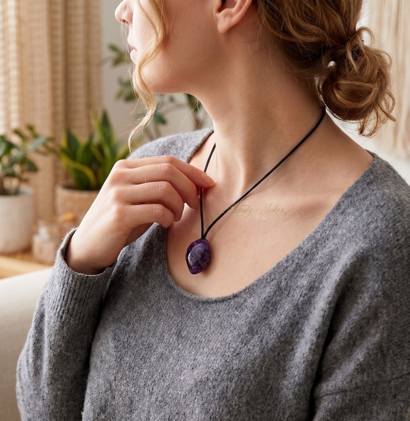 Amethyst Necklace Natural Crystal Pendant Wisdom Spiritual Peace Gift Men Women