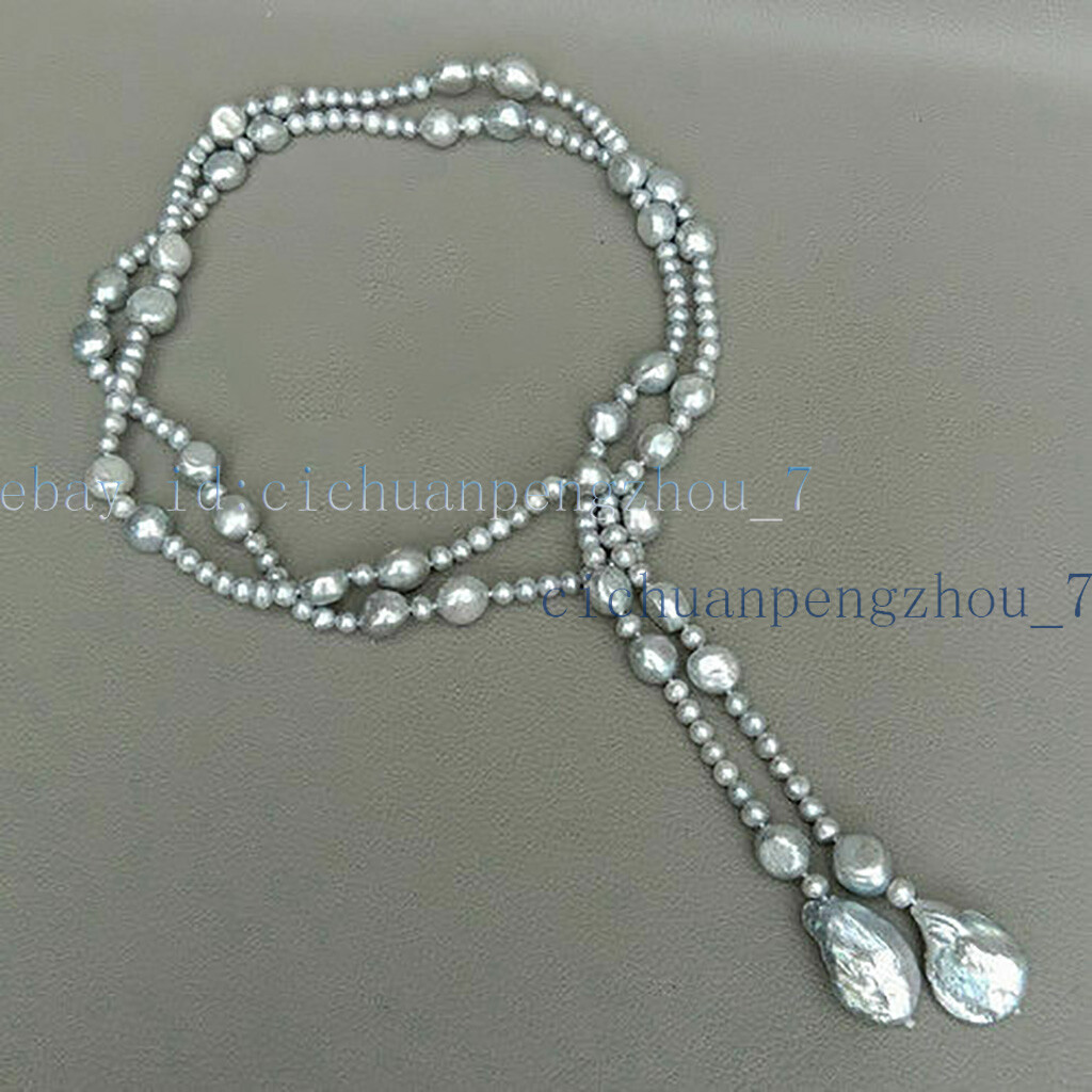 Natural 6-7mm 12-14mm Akoya Gray Cultured Coin Baroque Pearl Long Necklace 53”