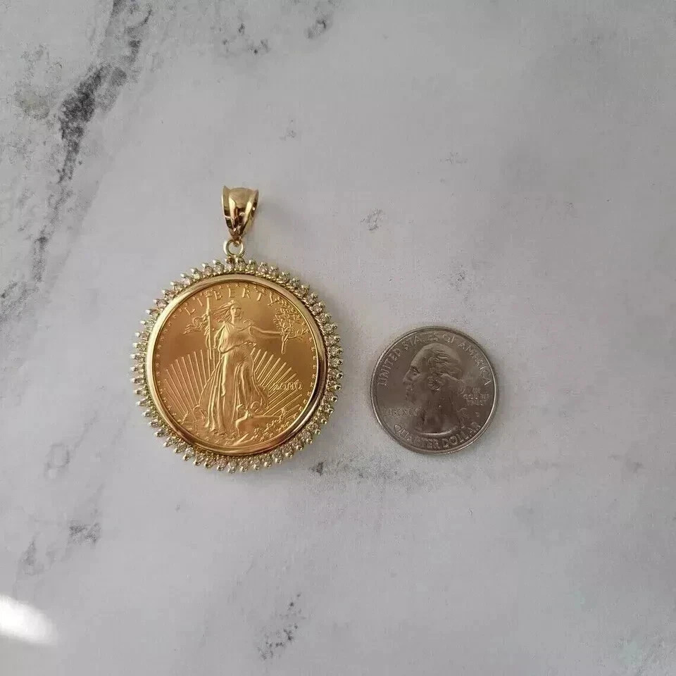 1.24Ct Lab Created Liberty COIN Pendant Necklaces 14k Yellow Gold Plated