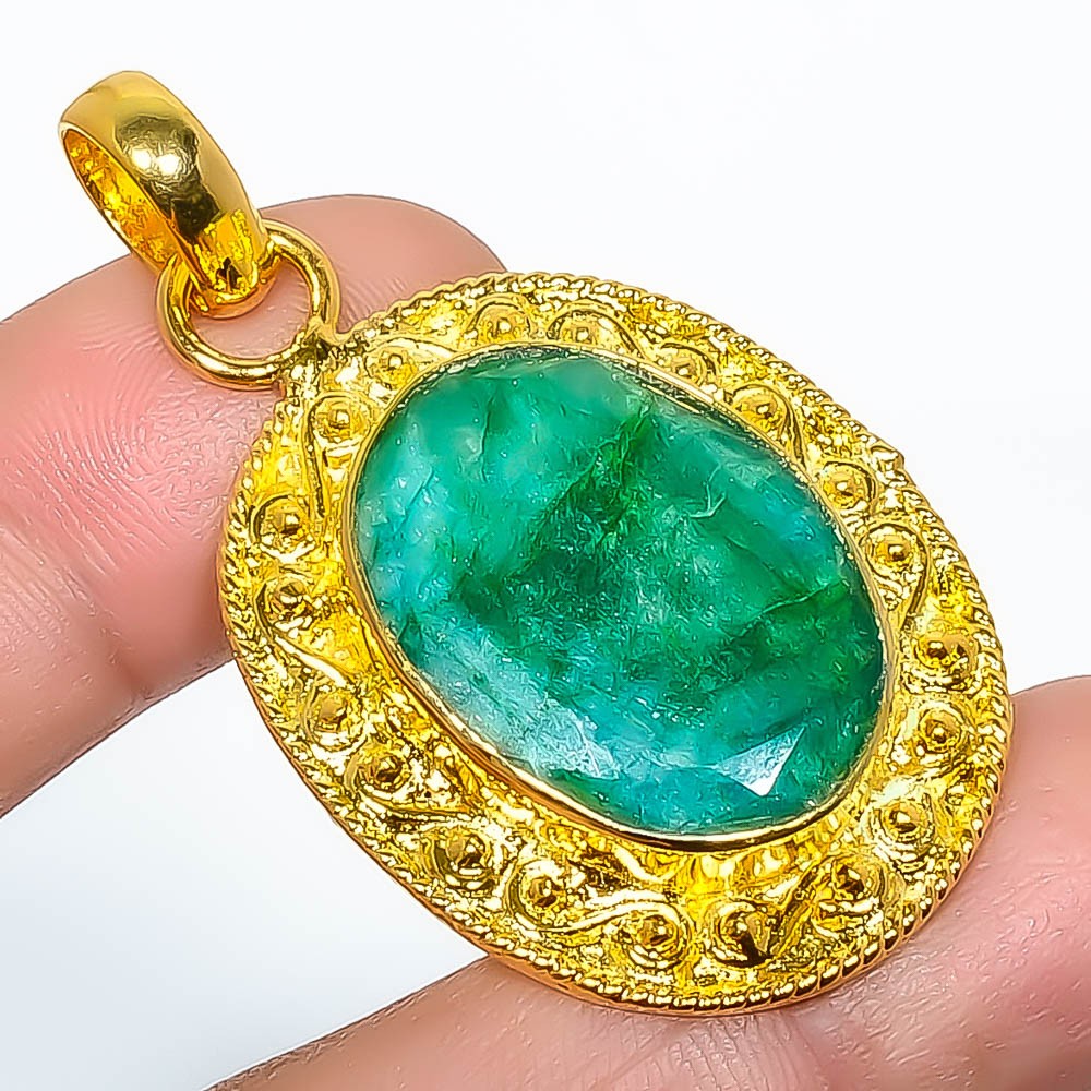 Emerald (Lab-Created) Gemstone 925 Silver Gold Plated Pendant 1.95″ P7622-154