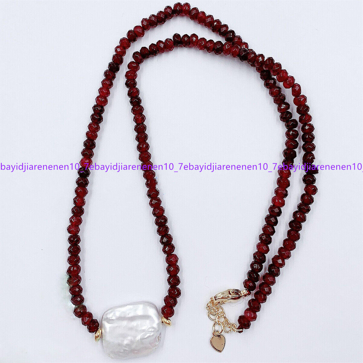 Faceted 2x4mm Red Garnet Natural 15x20mm White Baroque Pearl Pendant Necklace