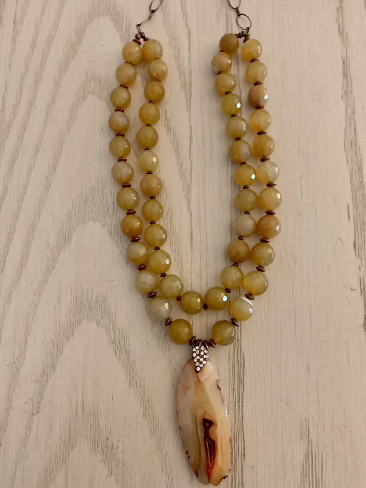 Artisan Made Agate Pendant Chunky Necklace With Hand Knotted Beads Golds Browns