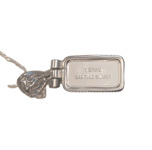 1 Gram .999 Fine Silver Rose Flower Bar Pendant in Sterling Silver Bezel & Chain