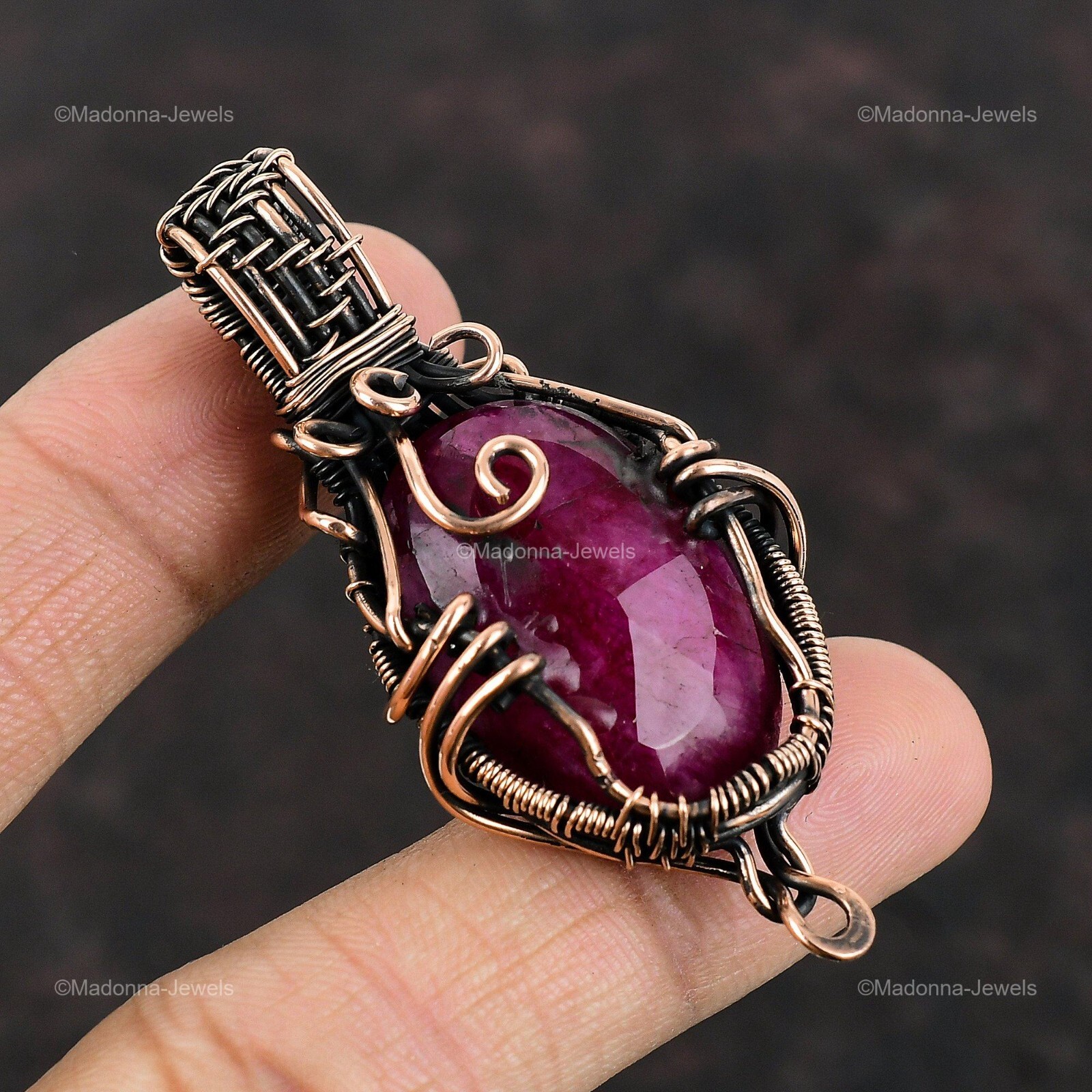 Mothers day Deal Oval Natural Kashmir Rubi Copper Wire Wrapped Pendant Jewelry