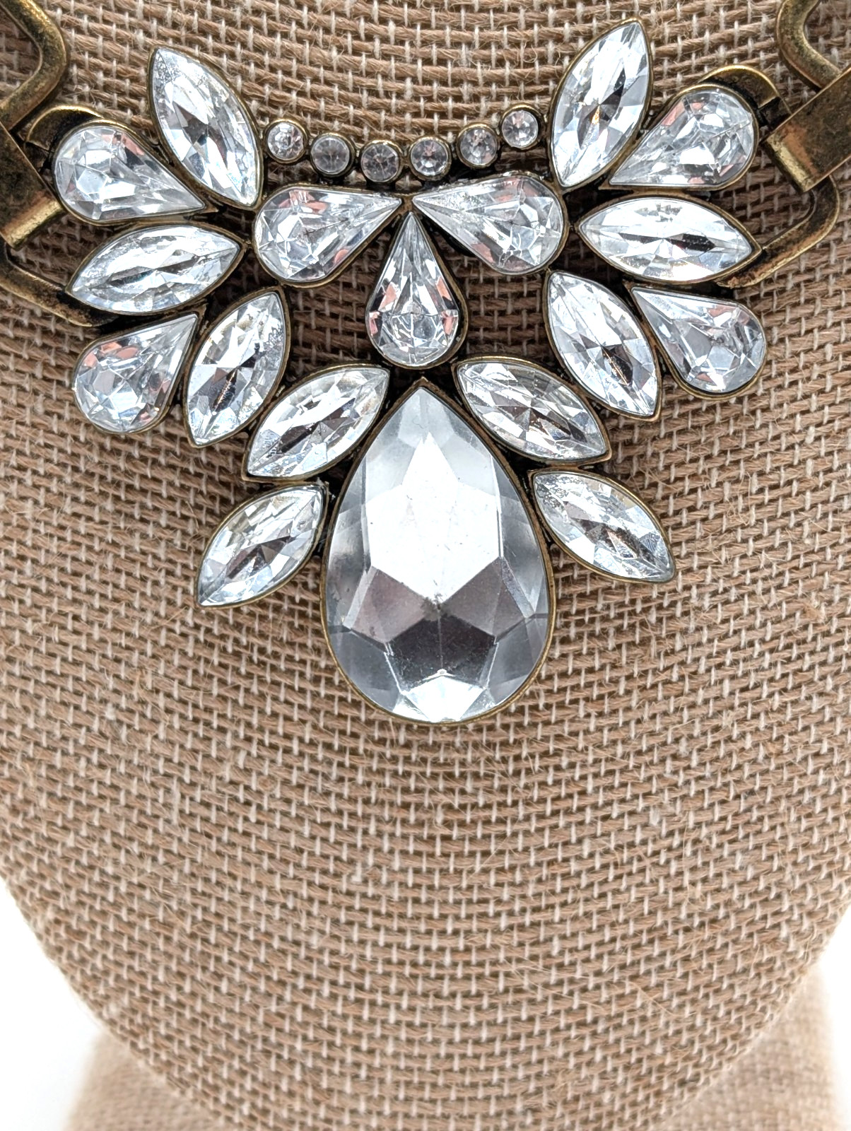 Antique Bronze Tone With Big Colorless Rhinestone Statement Necklace