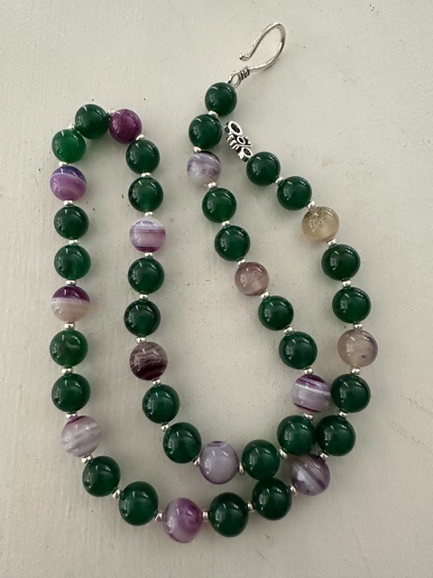 Natural Green and Purple Striped Agate 10 mm Gemstone Round Beads 22 ” Necklace.