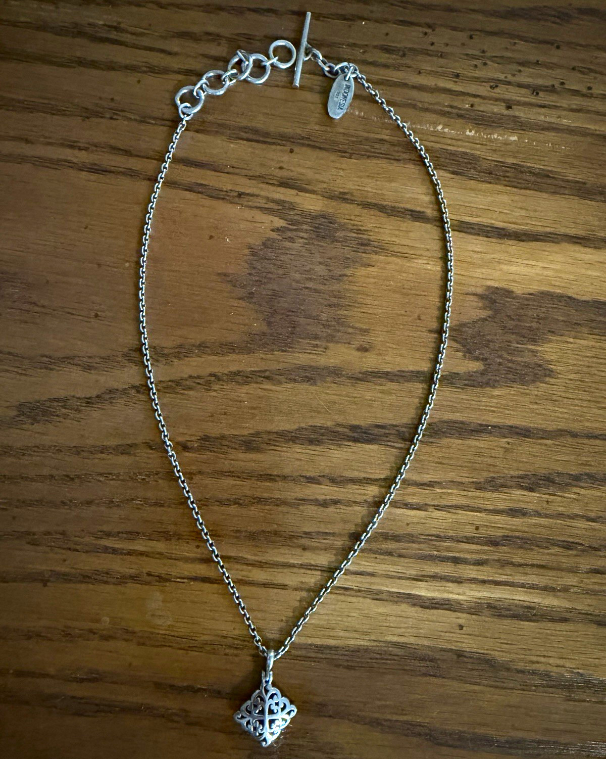 Lois Hill Signed Silver Toggle Cable Chain Necklace Square Filigree Charm 925