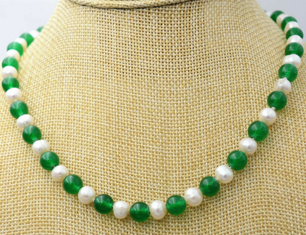 Natural 7-8mm White Pearl & 8mm Green Jade Round Beads Necklace 22in