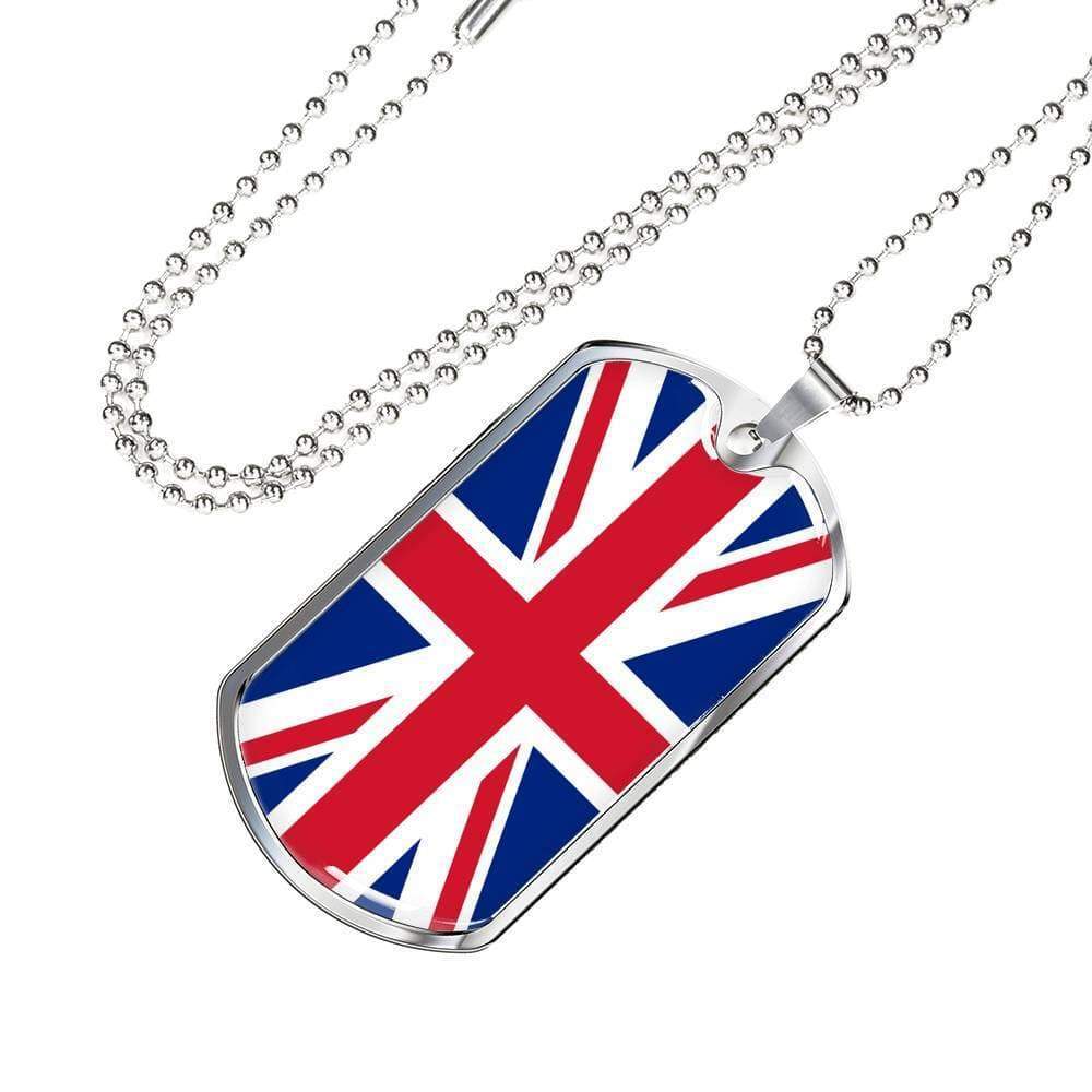 United Kingdom Flag Necklace Stainless Steel or 18k Gold Dog Tag 24″