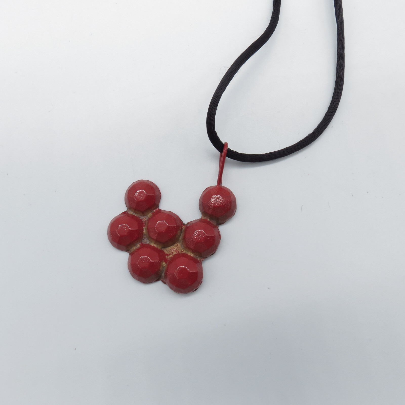 Berry Cluster Metal Pendant Necklace Funky Black Cord Sterling Silver Clasp 18″